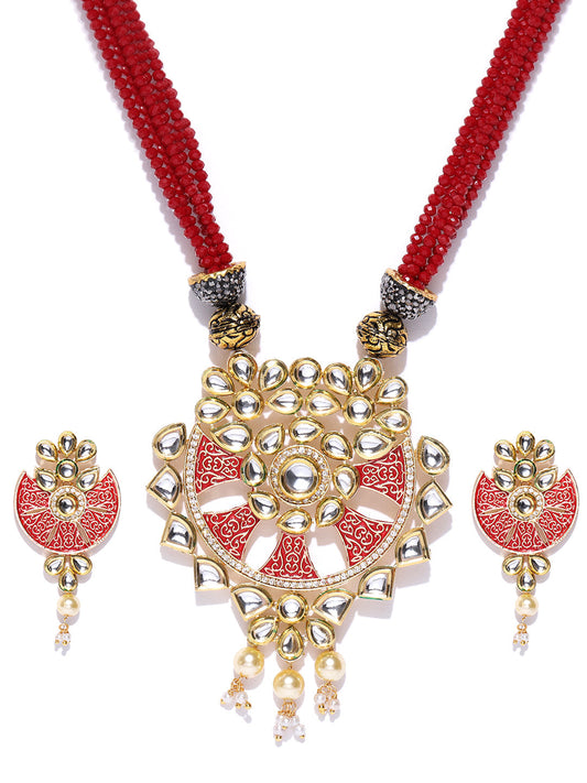 Priyaasi Women Red Beads Kundan Pearls Gold-Polished Jewellery Set - Swadesiicart