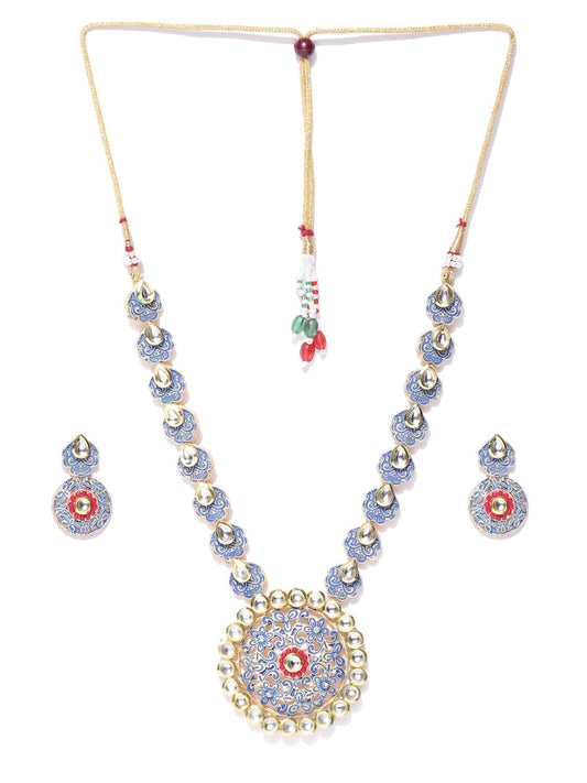 Priyaasi Women Blue Red Kundan Gold-Polished Meenakari Jewellery Set - Swadesiicart