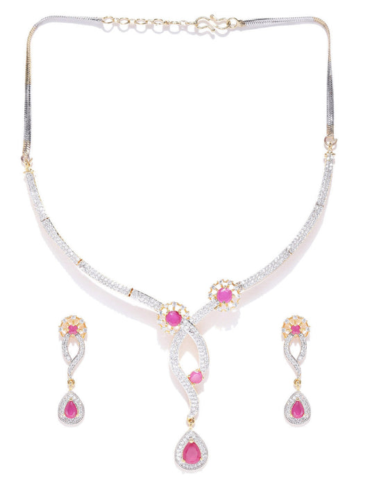 Priyaasi Women Pink Ruby American Diamond Gold-Polished Jewellery Set - Swadesiicart