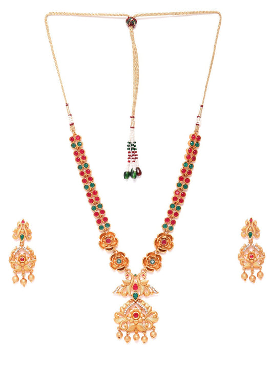 Priyaasi Women Ruby Emerald Beads Gold-Polished Floral Peacock Jewellery Set - Swadesiicart