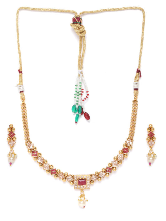 Priyaasi Women Ruby Stones Pearls Beads Gold-Polished Jewellery Set - Swadesiicart