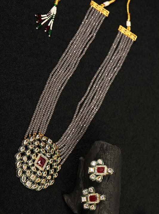 Priyaasi Women Grey Beads Kundan Gold-Polished Ranihaar Jewellery Set - Noz2Toz