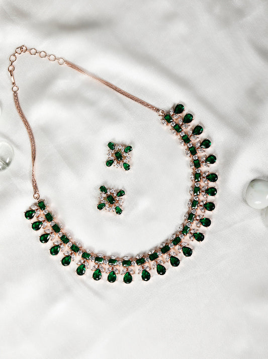 Priyaasi Women Emerald American Diamond Rose Gold-Polished Floral Jewellery Set - Noz2Toz