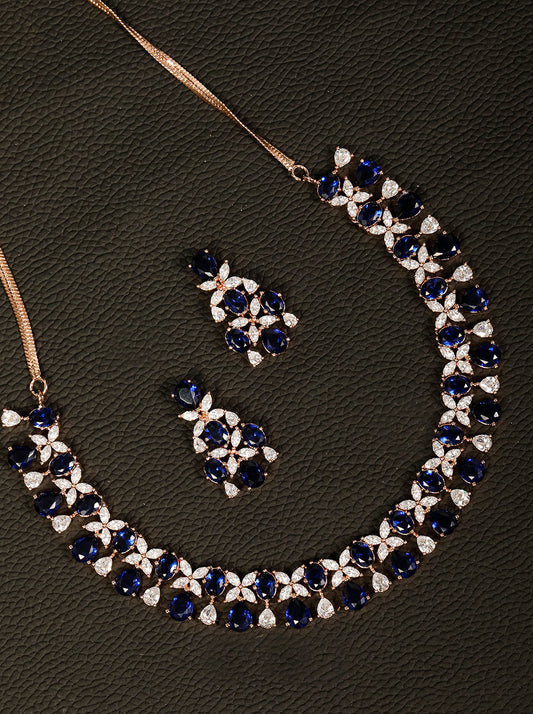 Priyaasi Women Blue American Diamond Rose Gold-Polished Floral Jewellery Set - Noz2Toz