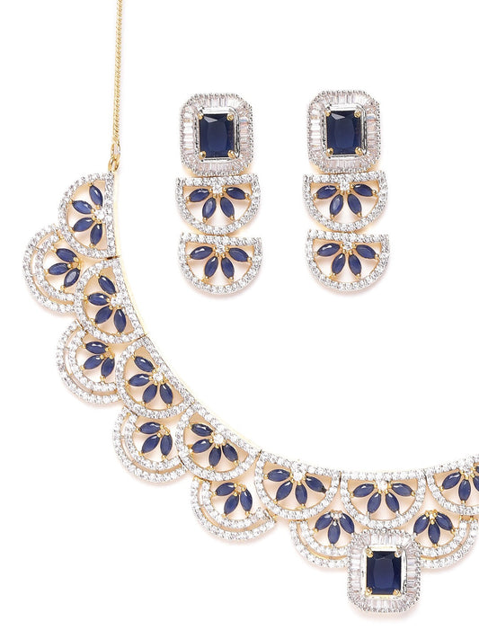 Priyaasi Women Blue American Diamond Gold-Polished Jewellery Set - Swadesiicart