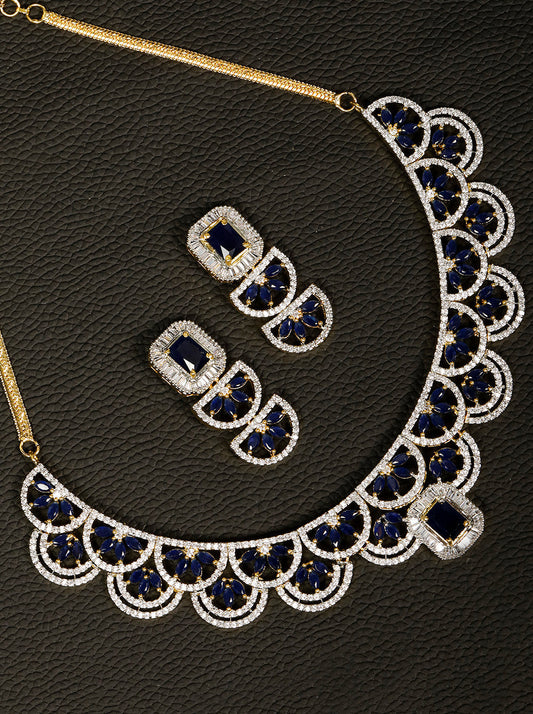 Priyaasi Women Blue American Diamond Gold-Polished Jewellery Set - Noz2Toz