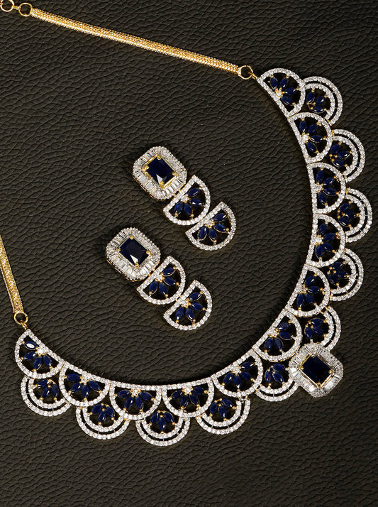 Priyaasi Women Blue American Diamond Gold-Polished Jewellery Set