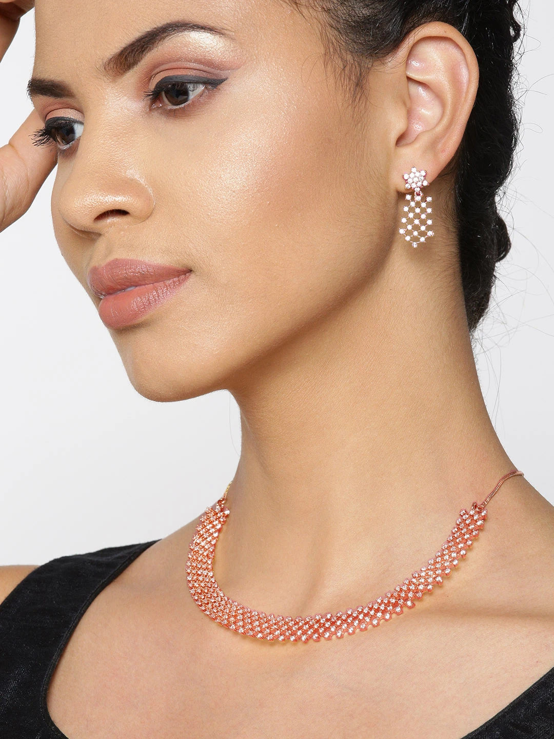 Priyaasi Women American Diamond Rose Gold-Polished Ethnic Jewellery Set - Swadesiicart