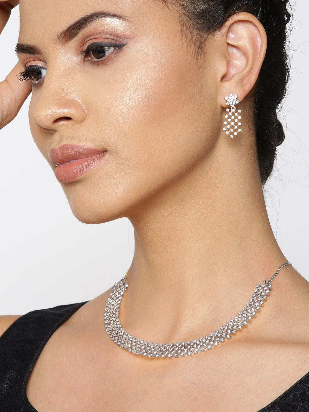 Priyaasi Women American Diamond Silver Plated Ethnic Jewellery Set - Swadesiicart