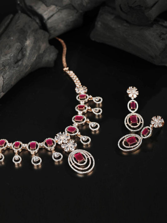 Priyaasi Women Ruby Roll - Pink American Diamond Rose Gold-Polished Jewellery Set - Noz2Toz