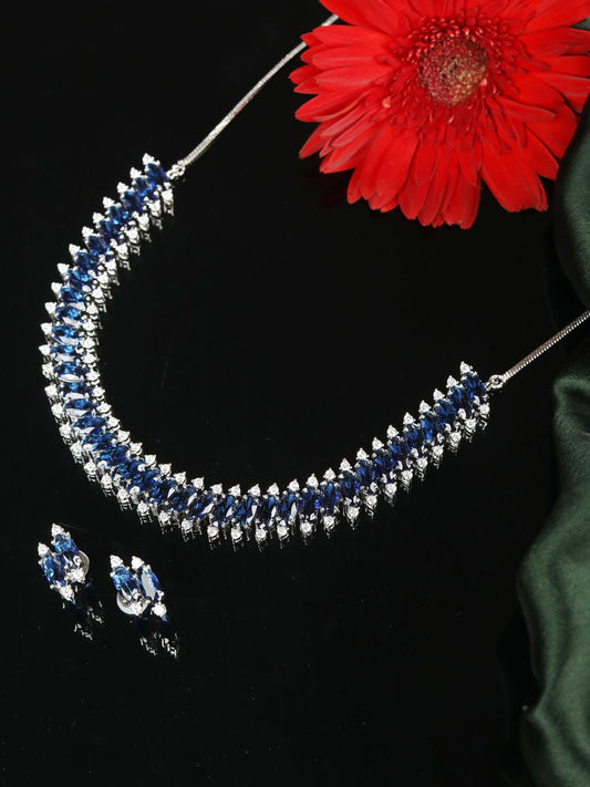 Priyaasi Women Blue American Diamond Silver Plated Jewellery Set - Noz2Toz