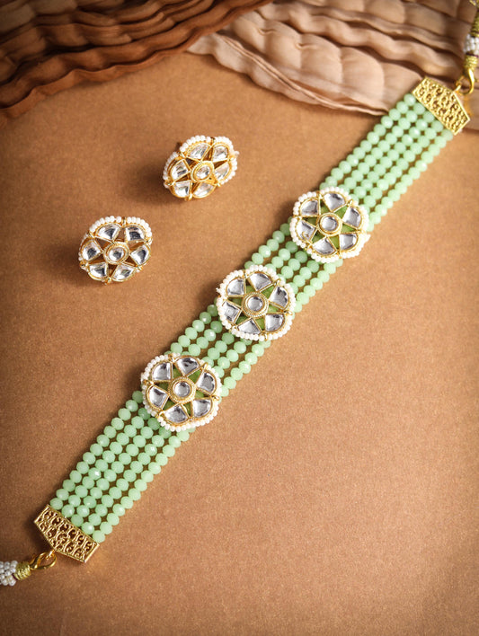 Priyaasi Women Mint Green White Kundan Gold-Polished Choket Set - Noz2Toz
