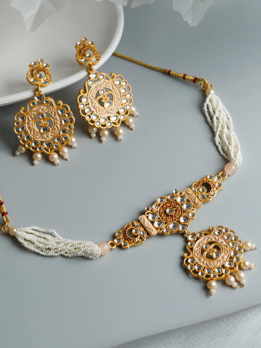Priyaasi Women Gold & Peach Kundan Meenakari Jewellery Set - Noz2Toz
