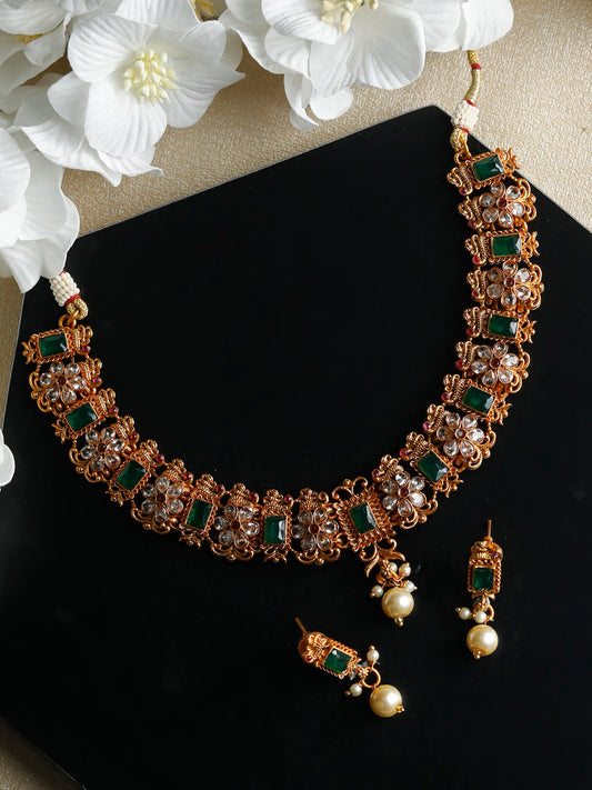 Priyaasi Women Ethnic Ruby & Green Gold-Polished Floral Jewellery Set - Noz2Toz