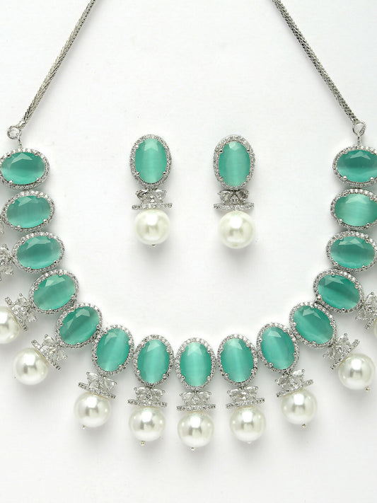 NVR Women's Silver-Plated Green American Diamond Studded Handcrafted Jewellery Set - Swadesiicart