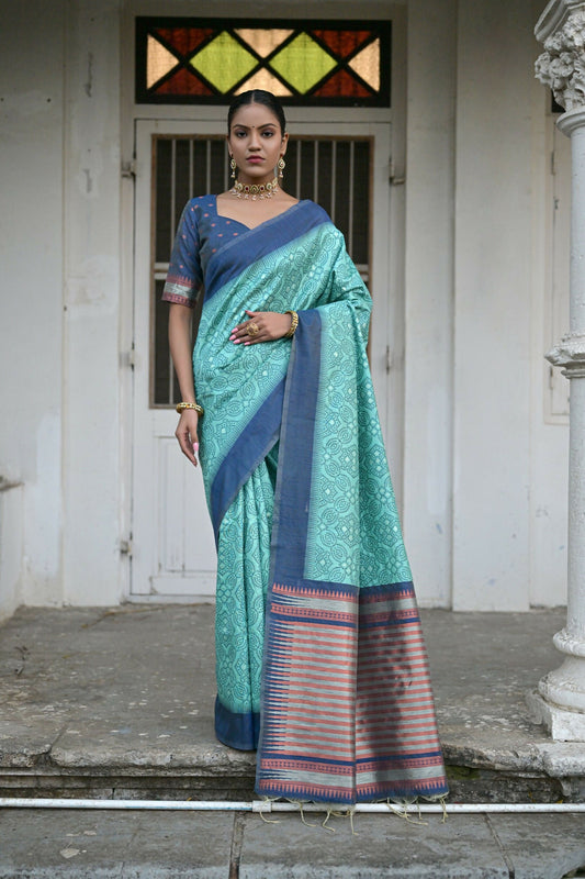 Vishnu Weaves Women's Sea-Green Raw Silk Saree with Blouse - Swadesiicart