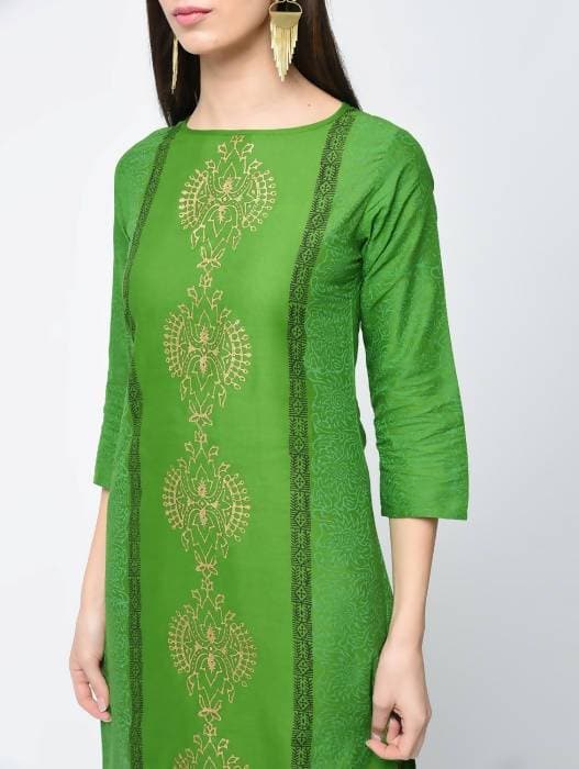 Aniyah Cotton Block Printed Green Color Straight Kurta (AN-129K) - Swadesiicart