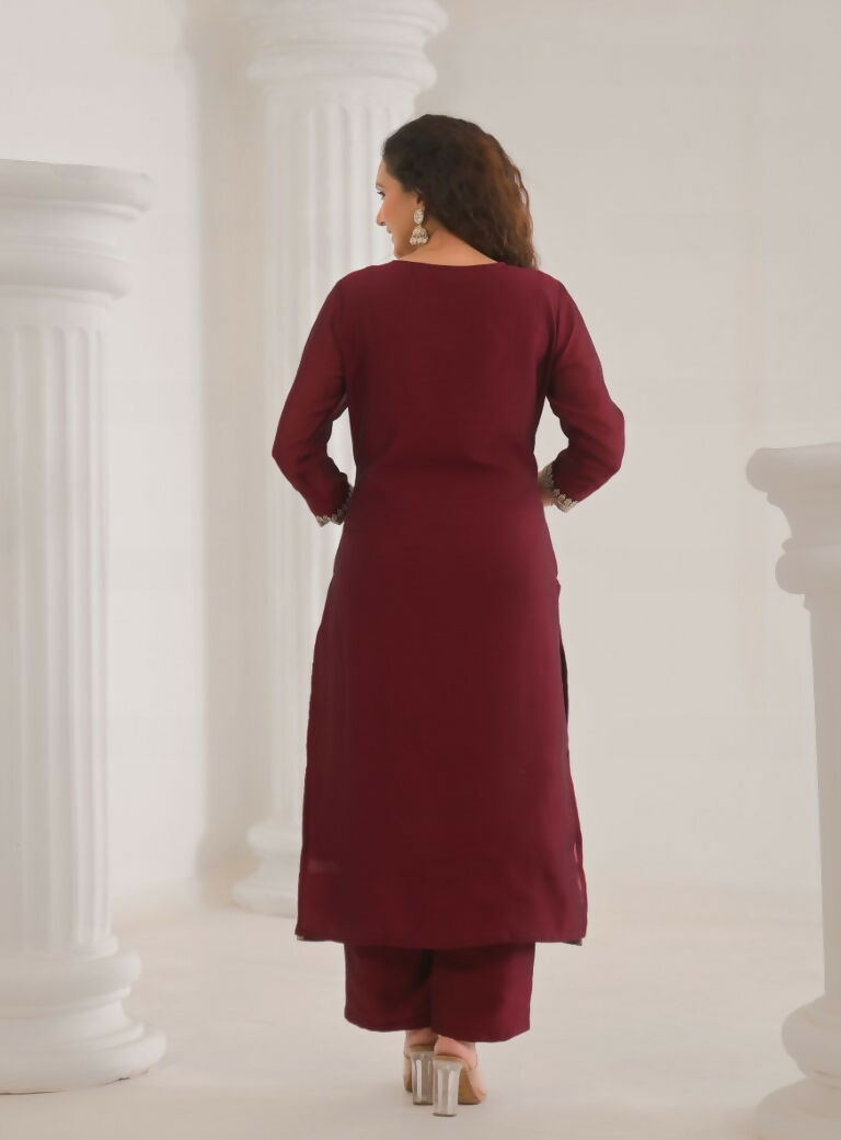 Ethnic Festive Wear Vichitra Silk Wine Stitched Suit With Dupatta - Tanisha | Swadesiicart