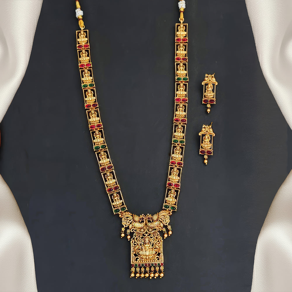 JS Fashion God Laxmi with peacock designer Temple High Gold Polish Fancy Style Long Necklace Set | Swadesiicart