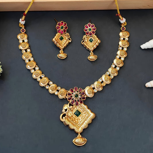 JS Fashion Antique High Gold with Green Accent Party Wear Necklace Set | Swadesiicart