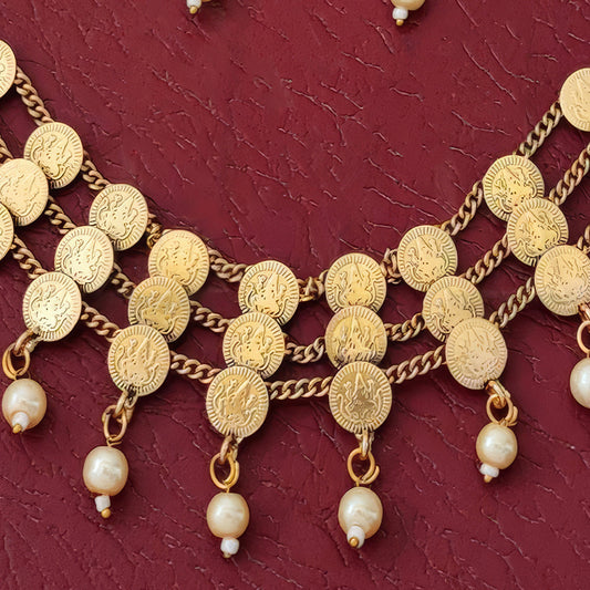 JS Fashion Temple High Gold Polish Fancy 3 Layer Necklace Set