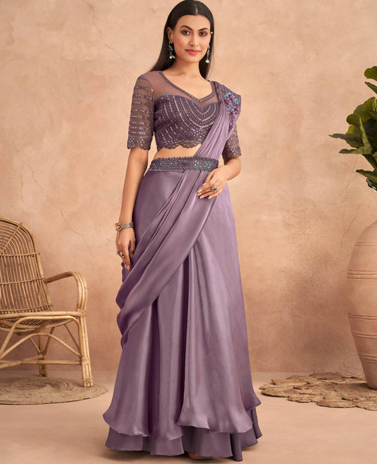 Purple Satin Embroidered Ready To Wear Saree With Unstitched Blouse Piece - Nandika | Swadesiicart