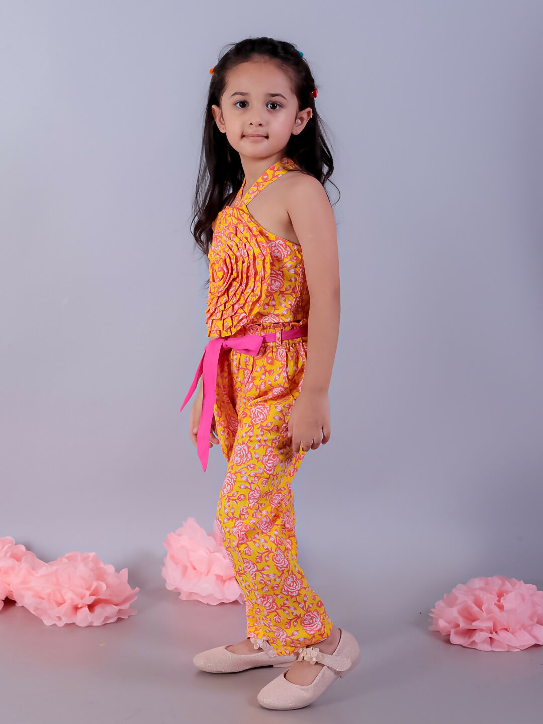 Lil Drama Jaipur Girls Yellow Printed Top with Printed Pant Co-ordinate Set - Swadesiicart