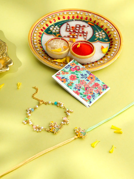 NVR Set of 2 Multicolor Gold Toned Radha Krishna Beaded Bhaiya Bhabhi Rakhi with Roli Chawal Chandan & Mishri - Swadesiicart