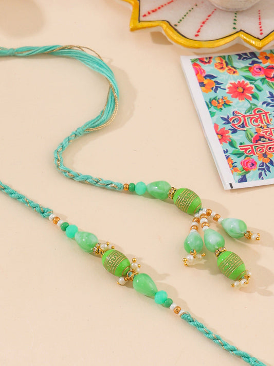NVR Set of 2 Green Artificial Beads Bhaiya Bhabhi Rakhi with Roli Chawal Chandan & Mishri - Swadesiicart