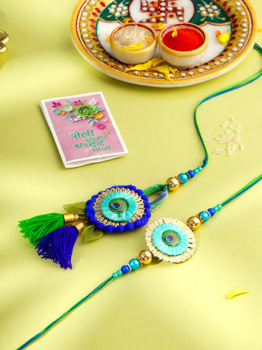 NVR Set of 2 Multicolor Artificial Beads Bhaiya Bhabhi Rakhi with Roli Chawal Chandan & Mishri - Swadesiicart