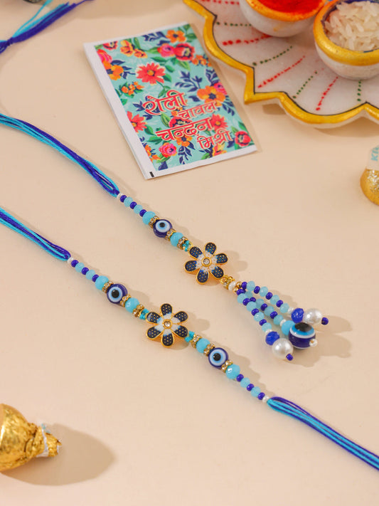 NVR Set of 2 Blue Artificial Beads Evil Eye Bhaiya Bhabhi Rakhi with Roli Chawal Chandan & Mishri - Swadesiicart