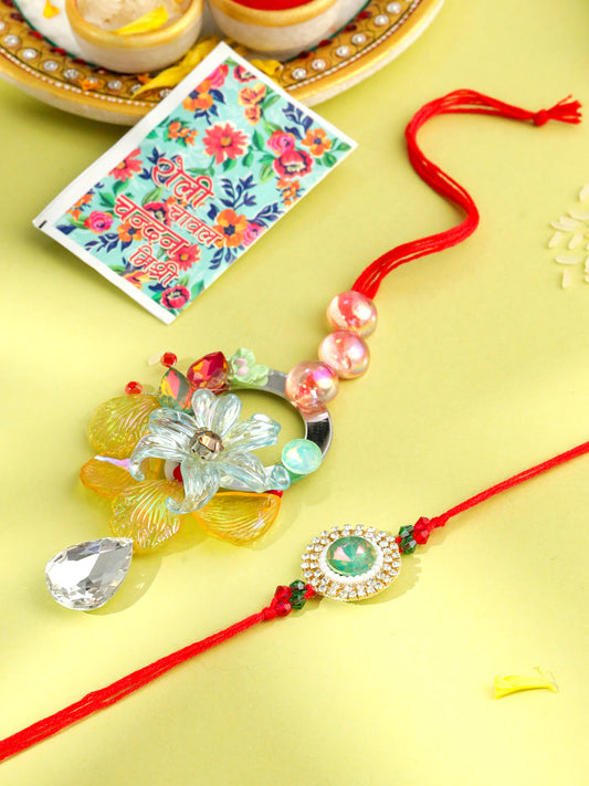 NVR Multicolor Artificial Stones & Beads Set of 2 Bhaiya Bhabhi Rakhi with Roli Chawal Chandan & Mishri | Swadesiicart