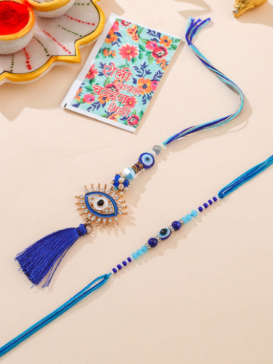 NVR Set of 2 Blue Evil Eye Artificial Stones & Beads Bhaiya Bhabhi Rakhi with Roli Chawal Chandan & Mishri | Swadesiicart