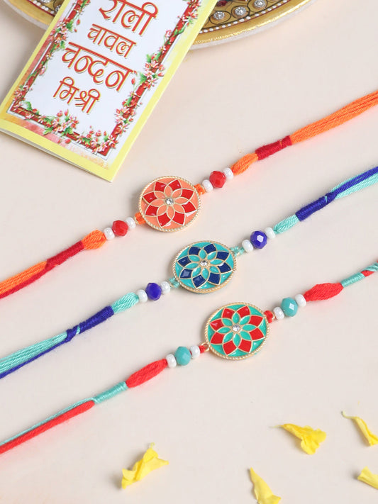 NVR Men Set of 3 Floral Design Multicolor Artificial Beads Thread Rakhi with Roli Chawal Chandan & Mishri - Swadesiicart