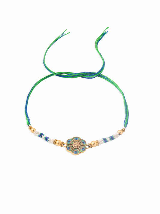 NVR Men Peacock Design Multicolor Artificial Stones & Pearls Thread Rakhi with Roli Chawal Chandan & Mishri | Swadesiicart