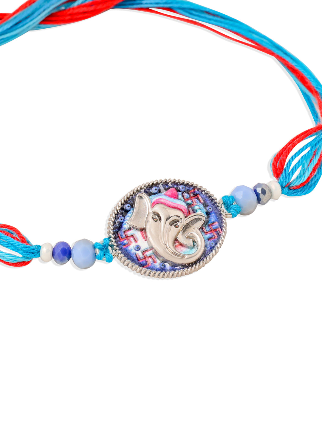 NVR Men Red & Blue Ganesh Ji Thread Rakhi with Roli Chawal Chandan & Mishri - Swadesiicart