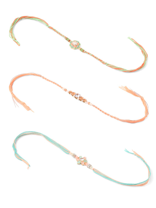 NVR Men Set of 3 Floral Design Multicolor Artificial Stones & Pearls Thread Rakhi Combo | Swadesiicart