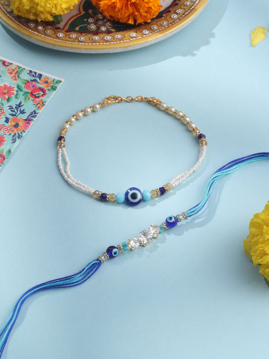 NVR Set of 2 Blue Evil Eye Artificial Stones & Beads Bhaiya Bhabhi Rakhi with Roli Chawal Chandan & Mishri | Swadesiicart