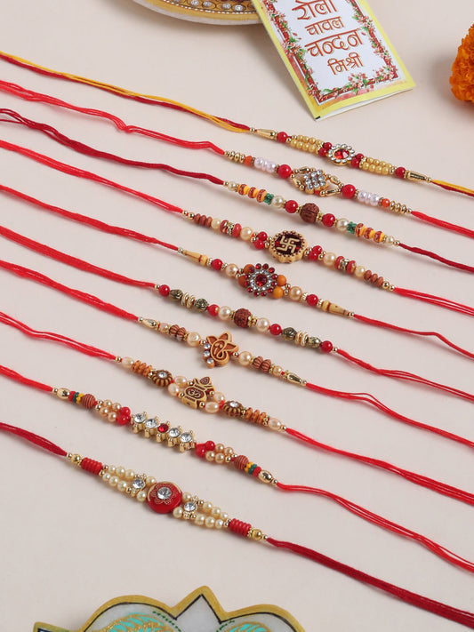 NVR Men Set of 10 Red Artificial Stones and Beads Rudraksh Thread Rakhi with Roli Chawal Chandan & Mishri - Swadesiicart