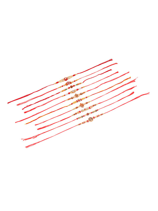 NVR Men Set of 10 Red Artificial Stones and Beads Rudraksh Thread Rakhi with Roli Chawal Chandan & Mishri - Swadesiicart