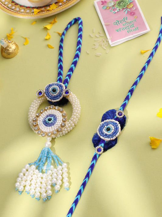 NVR Set of 2 Blue Evil Eye Artificial Stones & Pearls Bhaiya Bhabhi Rakhi with Roli Chawal Chandan & Mishri | Swadesiicart
