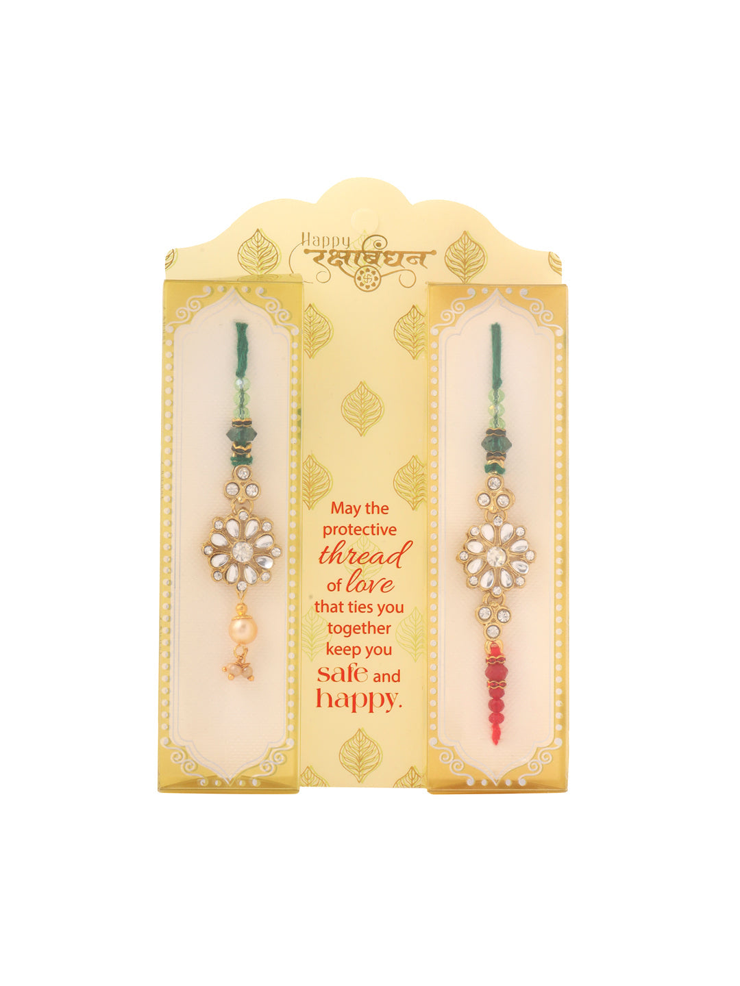 NVR Set of 2 Gold Toned Kundan Studded Floral Design Bhaiya Bhabhi Rakhi with Roli Chawal Chandan & Mishri - Swadesiicart