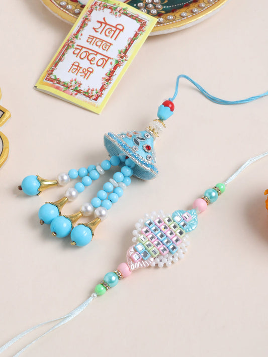 NVR Set of 2 Blue & Pink Artificial Stones & Beads Bhaiya Bhabhi Rakhi with Roli Chawal Chandan & Mishri - Swadesiicart