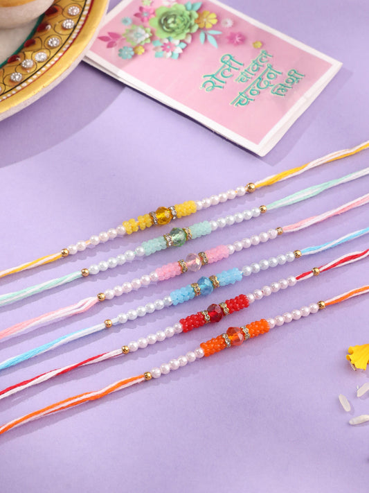 NVR Men Set of 6 Multicolor Artificial Stones & Pearls Rakhi with Roli Chawal Chandan & Mishri | Swadesiicart