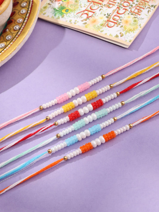 NVR Men Set of 6 Multicolor Pearls Thread Rakhi with Roli Chawal Chandan & Mishri | Swadesiicart