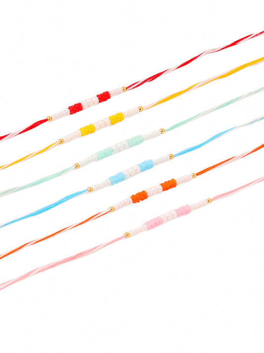 NVR Men Set of 6 Multicolor Pearls Thread Rakhi with Roli Chawal Chandan & Mishri | Swadesiicart