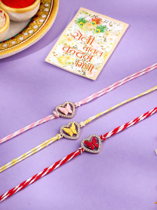 NVR Men Set of 3 Heart Shape Multicolor Artificial Stones Thread Rakhi with Roli Chawal Chandan & Mishri | Swadesiicart