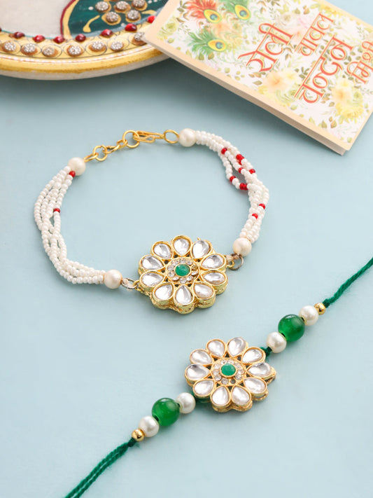 NVR Set of 2 Kundan Studded Floral Design Gold Toned Bhaiya Bhabhi Rakhi Set with Roli Chawal Chandan & Mishri - Swadesiicart