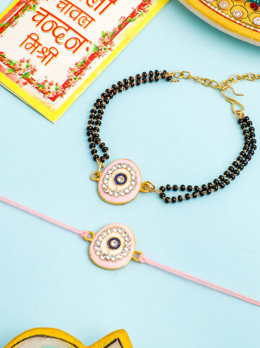 NVR Set of 2 Pink Round Shape Artificial Stones Bhaiya Bhabhi Rakhi with Roli Chawal Chandan & Mishri - Swadesiicart
