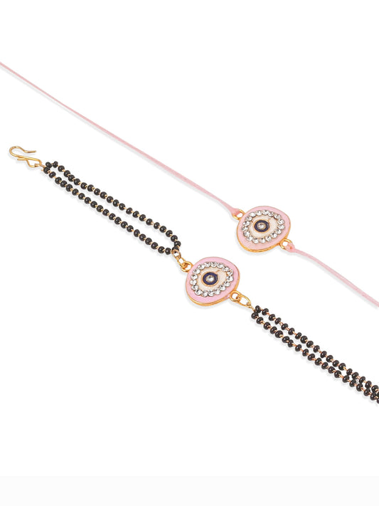 NVR Set of 2 Pink Round Shape Artificial Stones Bhaiya Bhabhi Rakhi with Roli Chawal Chandan & Mishri - Swadesiicart